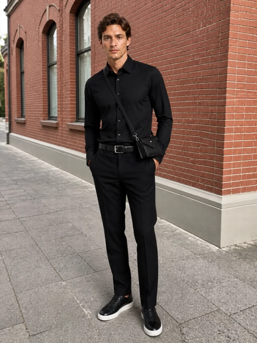 Armani black shirt tailored trousers outfit