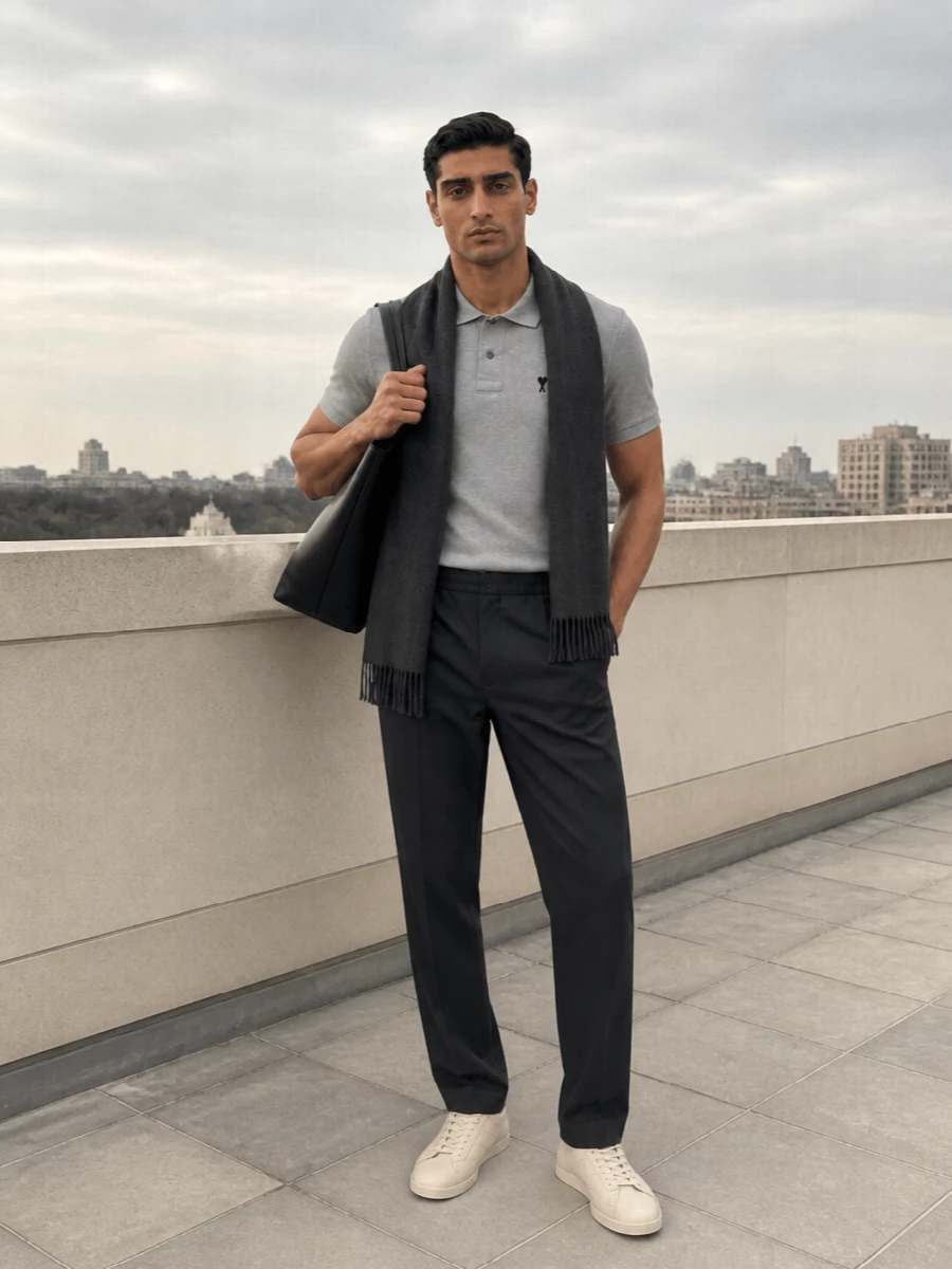 Ami grey polo charcoal trousers cream sneakers