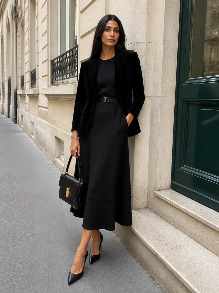 Prada black velvet blazer black midi dress outfit