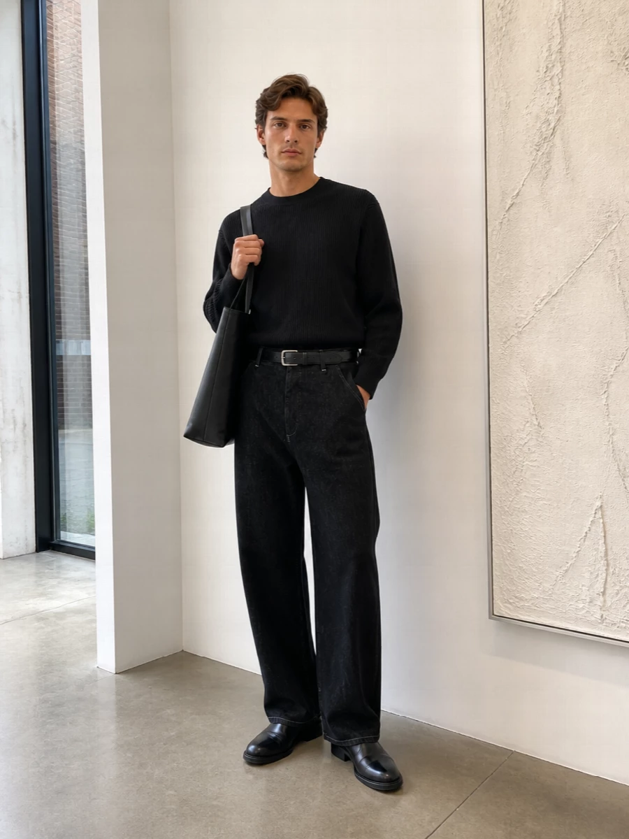 Studio nicholson wide leg jeans black knit outfit