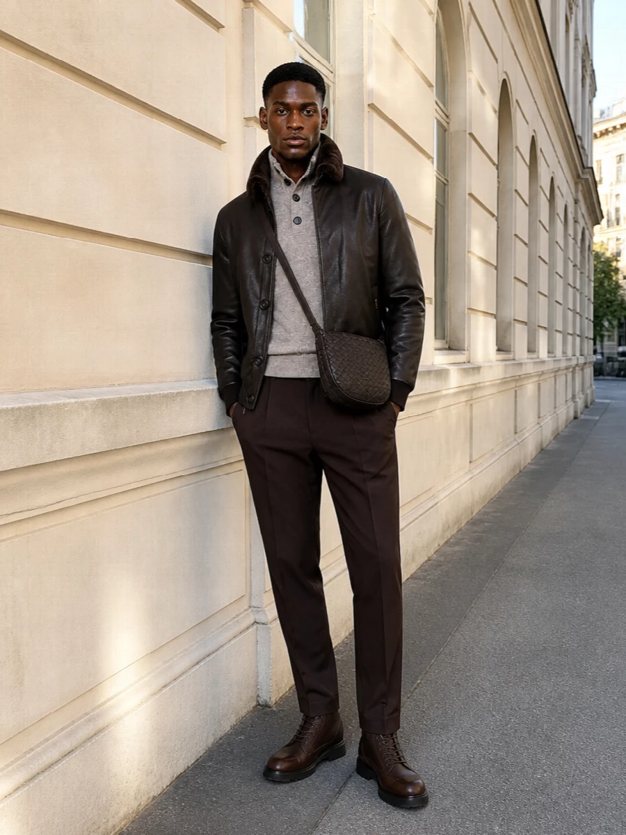 Moorer leather bomber prada trousers winter outfit