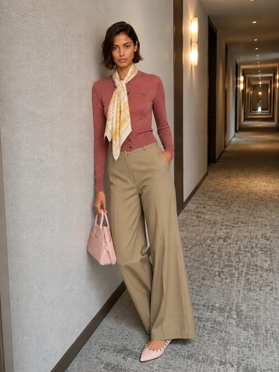 Vivienne westwood cardigan camel trousers outfit
