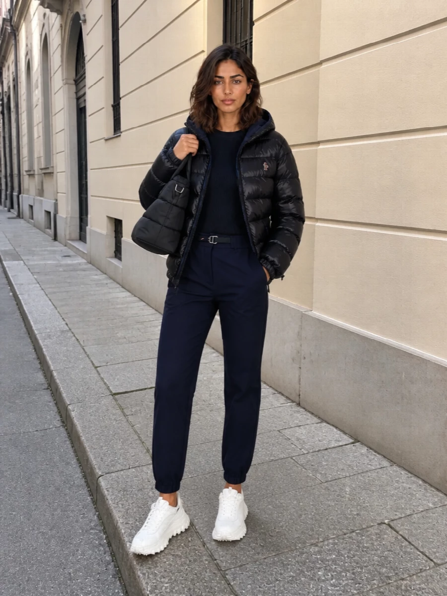 Moncler puffer navy joggers white sneakers
