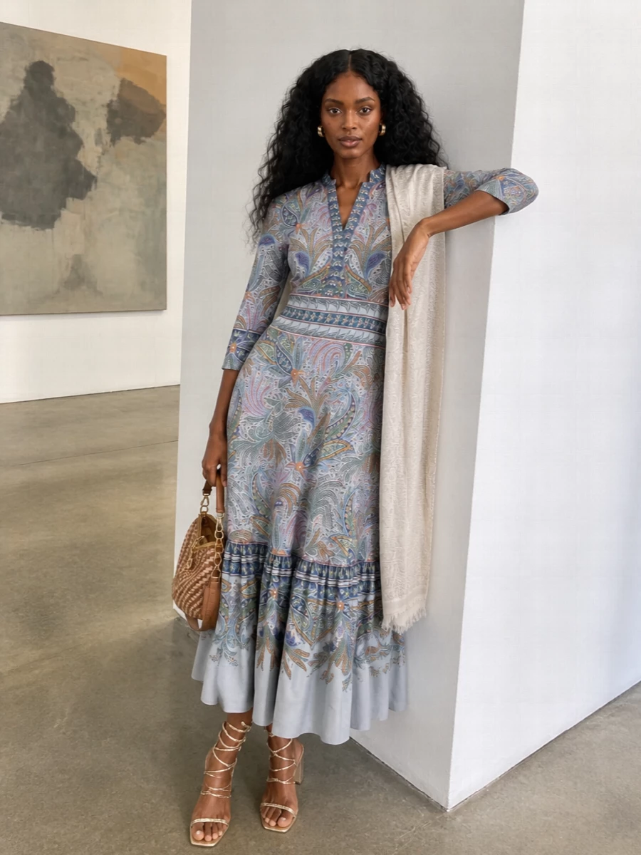 Etro paisley midi dress gold sandals raffia bag
