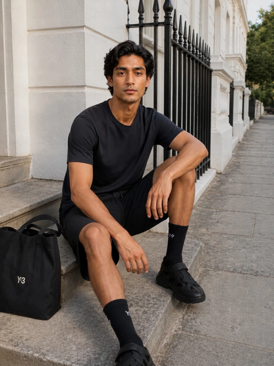 Y3 navy tshirt black cargo shorts outfit