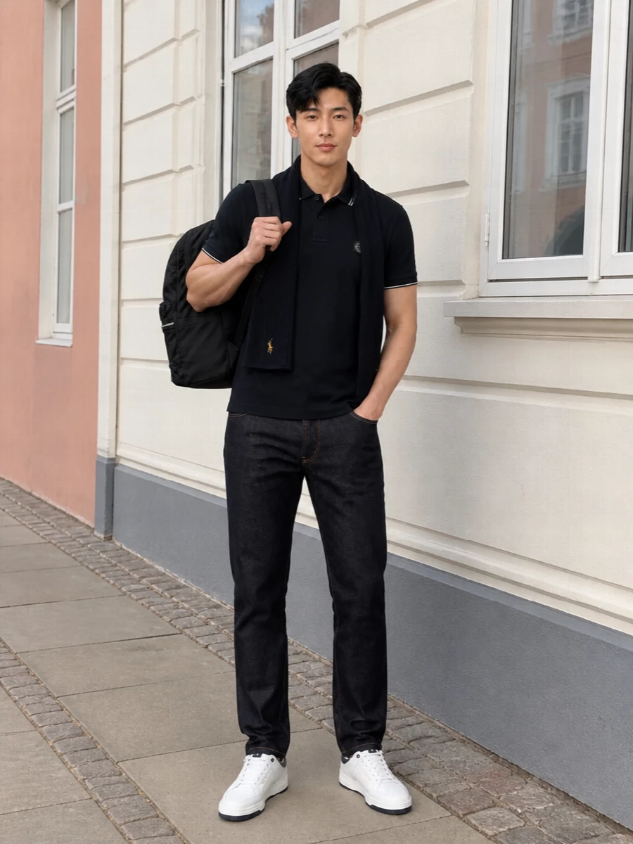 Stone island polo dark indigo jeans white sneakers