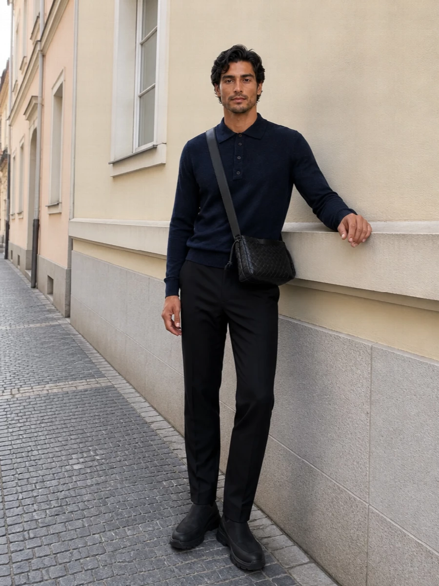 Zegna knit polo black tailored trousers outfit