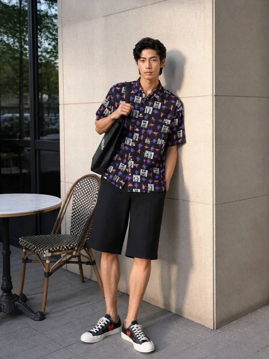 Comme des garcons graphic shirt black shorts outfit