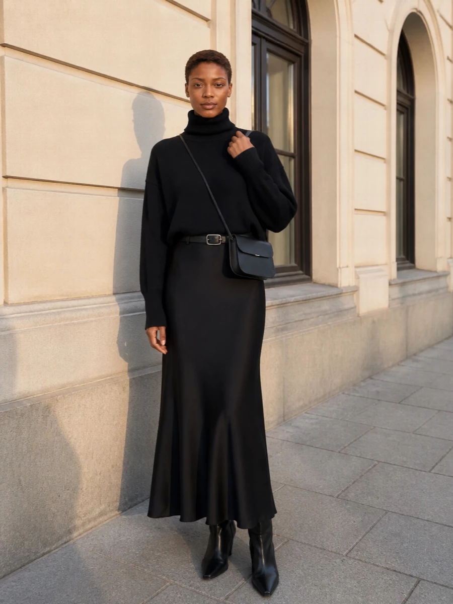 Loulou studio black maxi skirt turtleneck boots