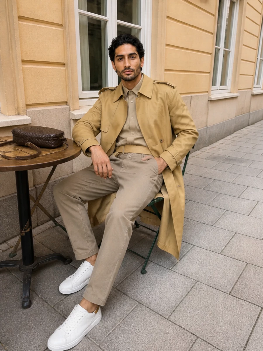 Burberry camel trench chinos white sneakers
