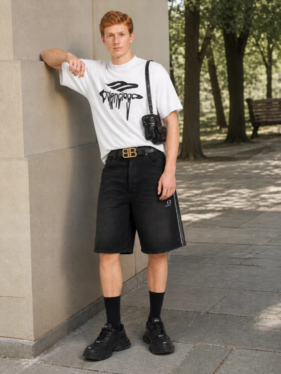 Balenciaga black shorts white logo tee outfit