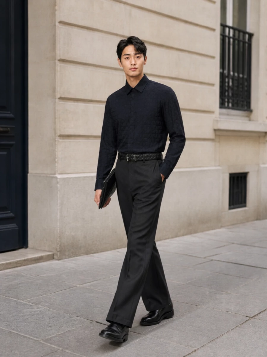 Charcoal wide-leg Valentino trousers are paired with an inky-navy jacquard shirt, creating a deep, tonal column that feels sharp yet understated for FW evenings. Sleek black derbies keep the line immaculate, while a slim intrecciato pouch and a quietly textured black belt finish the look with discreet, high-luxury detail. The result is a modern, architectural take on formal dressing that moves effortlessly from boardroom to dinner.