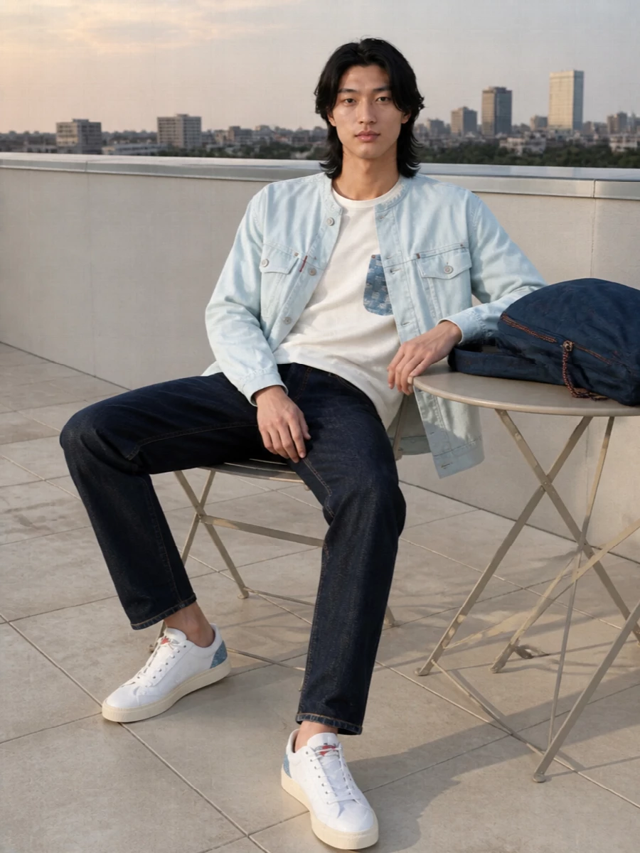 Ultra-light denim on top, grounded by clean dark indigo and soft off-white, gives this outfit a sharp but easy city energy. The quiet pocket and sneaker denim details keep everything tied together without shouting. It is built for warm days when you want denim attitude in a breezy, modern way.