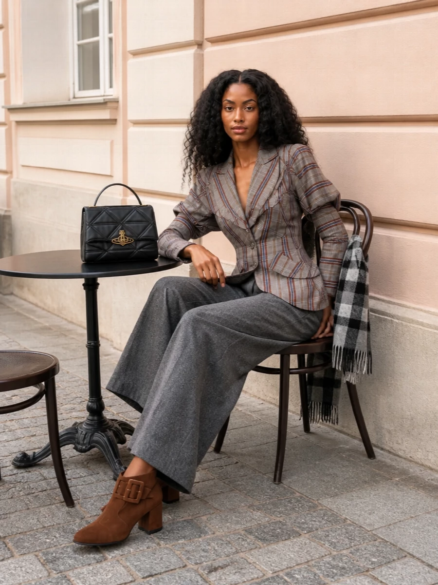 Vivienne Westwood’s sculpted plaid jacket is paired with fluid charcoal herringbone trousers for a long, confident line that keeps the drama up top and the leg visually clean. Chocolate ankle boots and a structured black top-handle bag bring a grounded, city-ready finish, while a soft grey check scarf nods to heritage without crowding the pattern. The result is romantic, tailored and unmistakably British, perfect for days that run straight into late dinners.