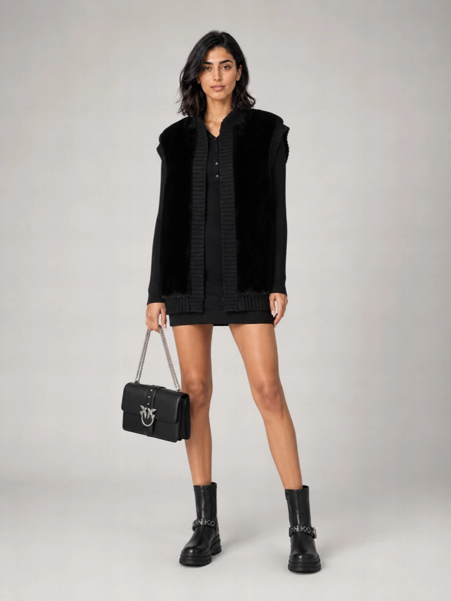 Pinko Ribbed Long Faux Fur Coat