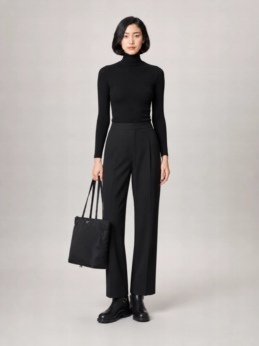 I skipped the dresses and built a tailored knit-and-trouser foundation, which better matches the Prada nylon tote’s city-ready utility and mid-level formality. A slim black turtleneck, sharply cut black trousers and solid leather ankle boots create a long, uninterrupted column of quiet luxury, with the structured Miu Miu tote reinforcing the polished, monochrome commuter energy. The result is a precise, modern uniform that reads expensive without shouting, ideal from office to late flight gate.