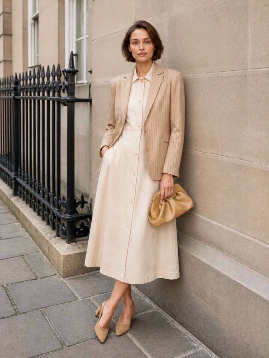 I am pairing the pinstriped Le Sully blazer with a tailored S Max Mara collared beige midi dress rather than separate tailoring, so the blazer reads as the sharp, linear layer over a clean canvas. The pointed camel slingbacks and structured camel clutch keep everything in the same warm neutral family while subtly lifting the formality for client days or early dinners. This combination balances soft volume in the skirt with crisp suiting up top, delivering a minimalist, quietly confident outfit that feels intentional without being severe.