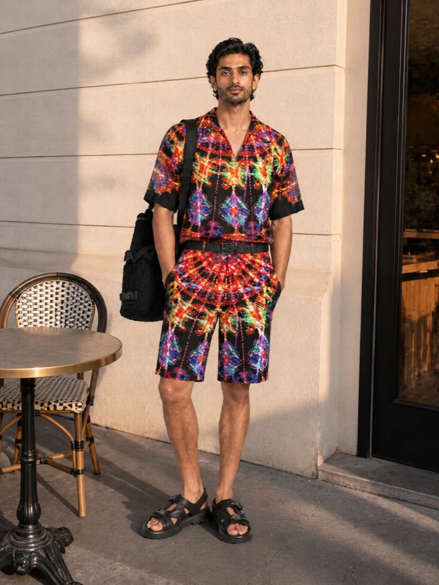 Neon festival energy anchored on black, this pairing lets the shorts and shirt read as a coordinated light-show while everything else stays purposefully dark. Technical slides and a quilted backpack keep it athletic and practical for pool decks, boardwalks or late-summer city nights. The clean black belt quietly sharpens the waist so the silhouette feels intentional, not chaotic.
