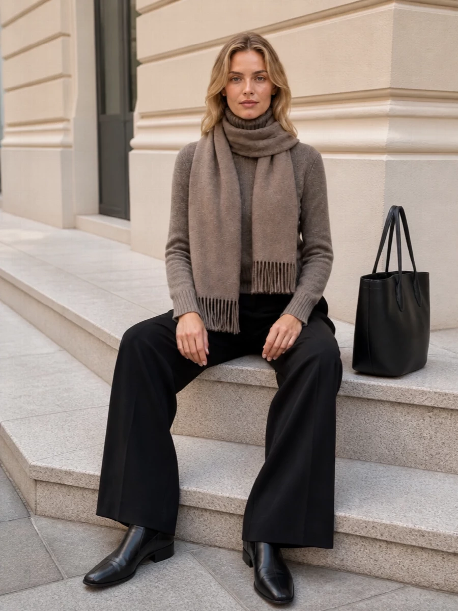 The row turtleneck wide leg trousers outfit