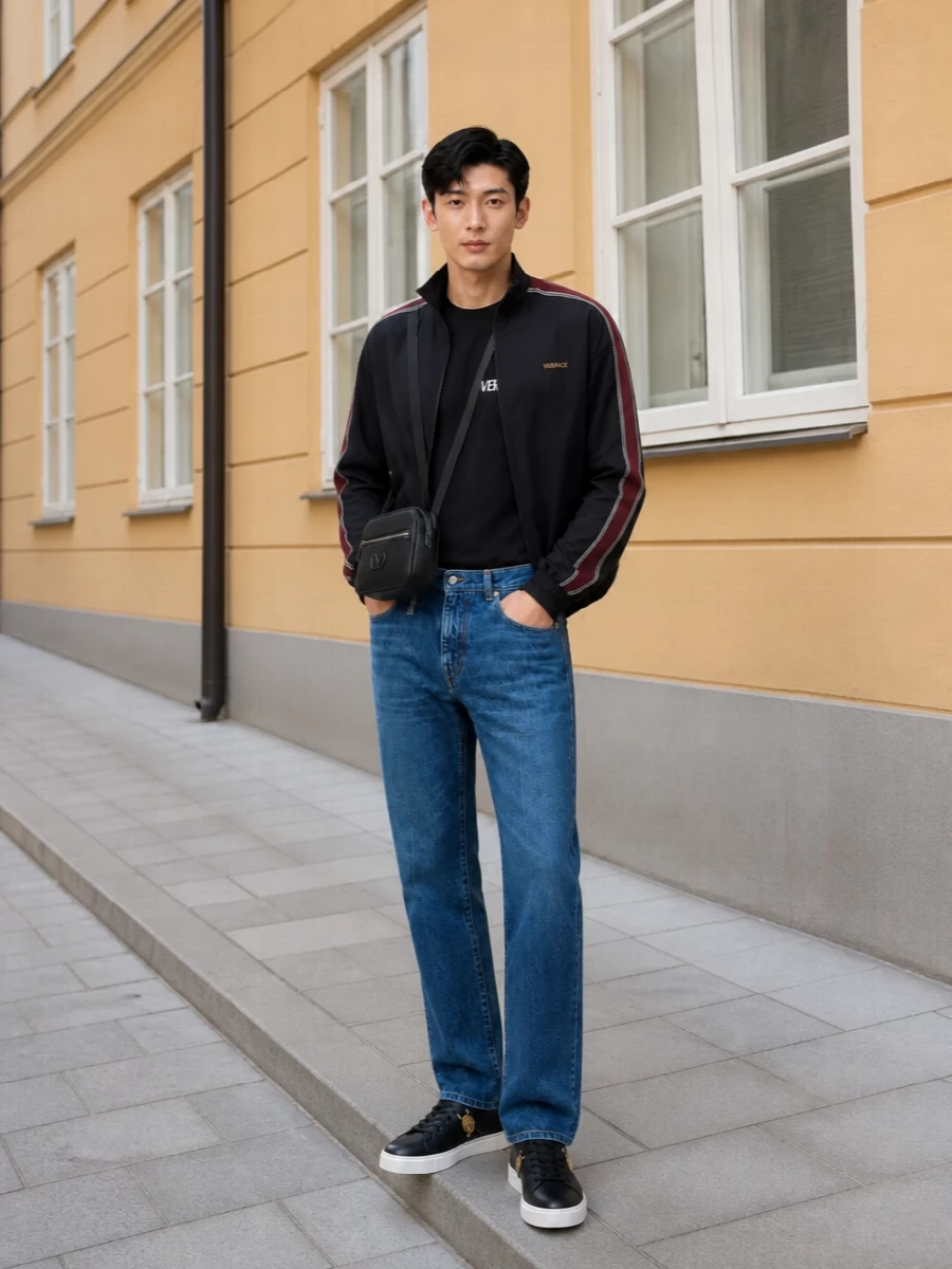 Versace track jacket jeans sneakers outfit