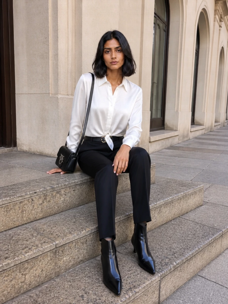 A quietly precise black trouser is paired with fluid ivory satin and grounded by sharp black ankle boots for a modern, desk-to-dinner uniform. The mix of clean tailoring and liquid texture keeps the silhouette long and refined. A compact black cross-body and a slim signature belt finish it with just enough hardware to feel considered, never loud.