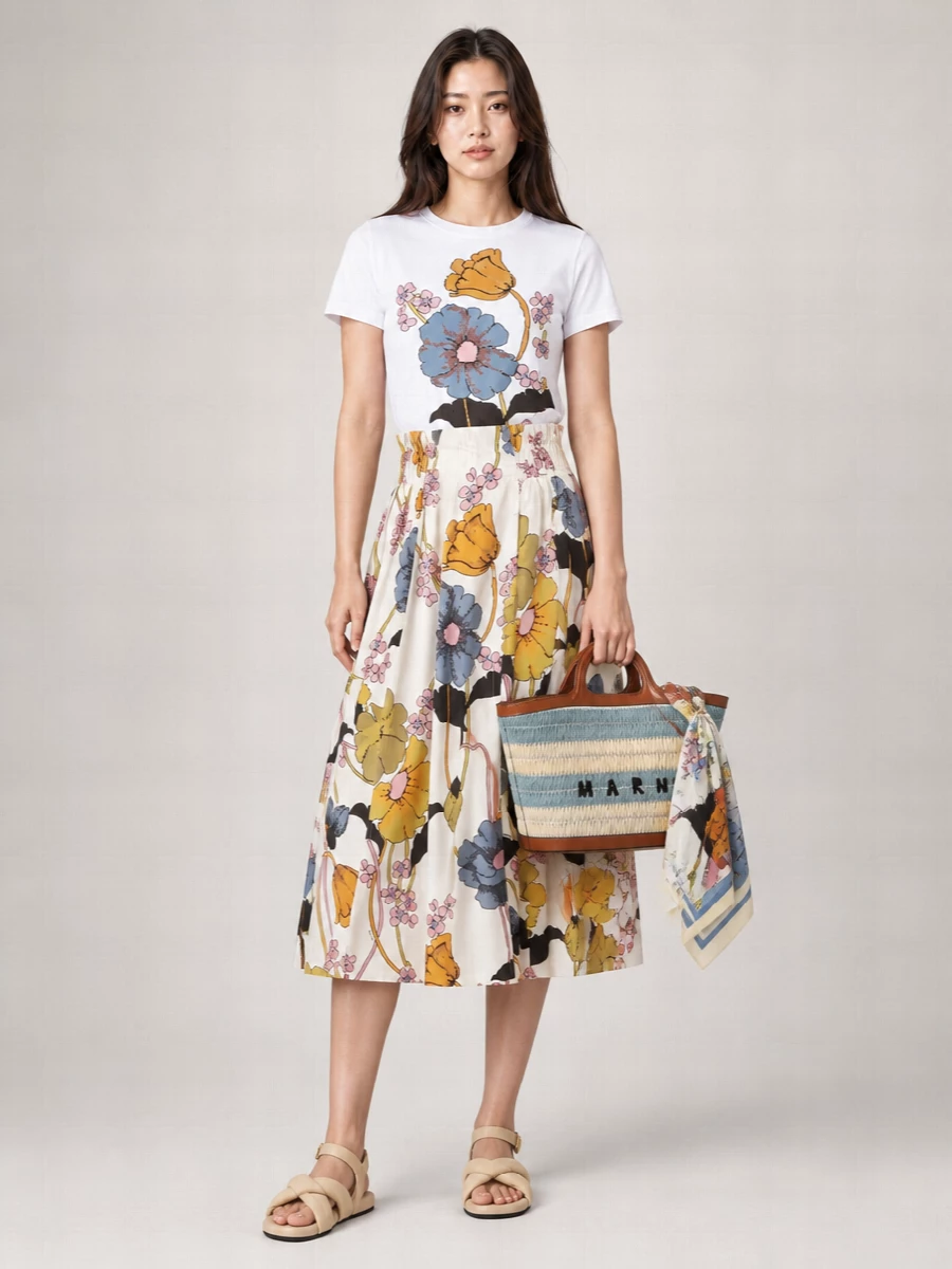 Marni Floral-Print Cotton Midi A-Line Skirt
