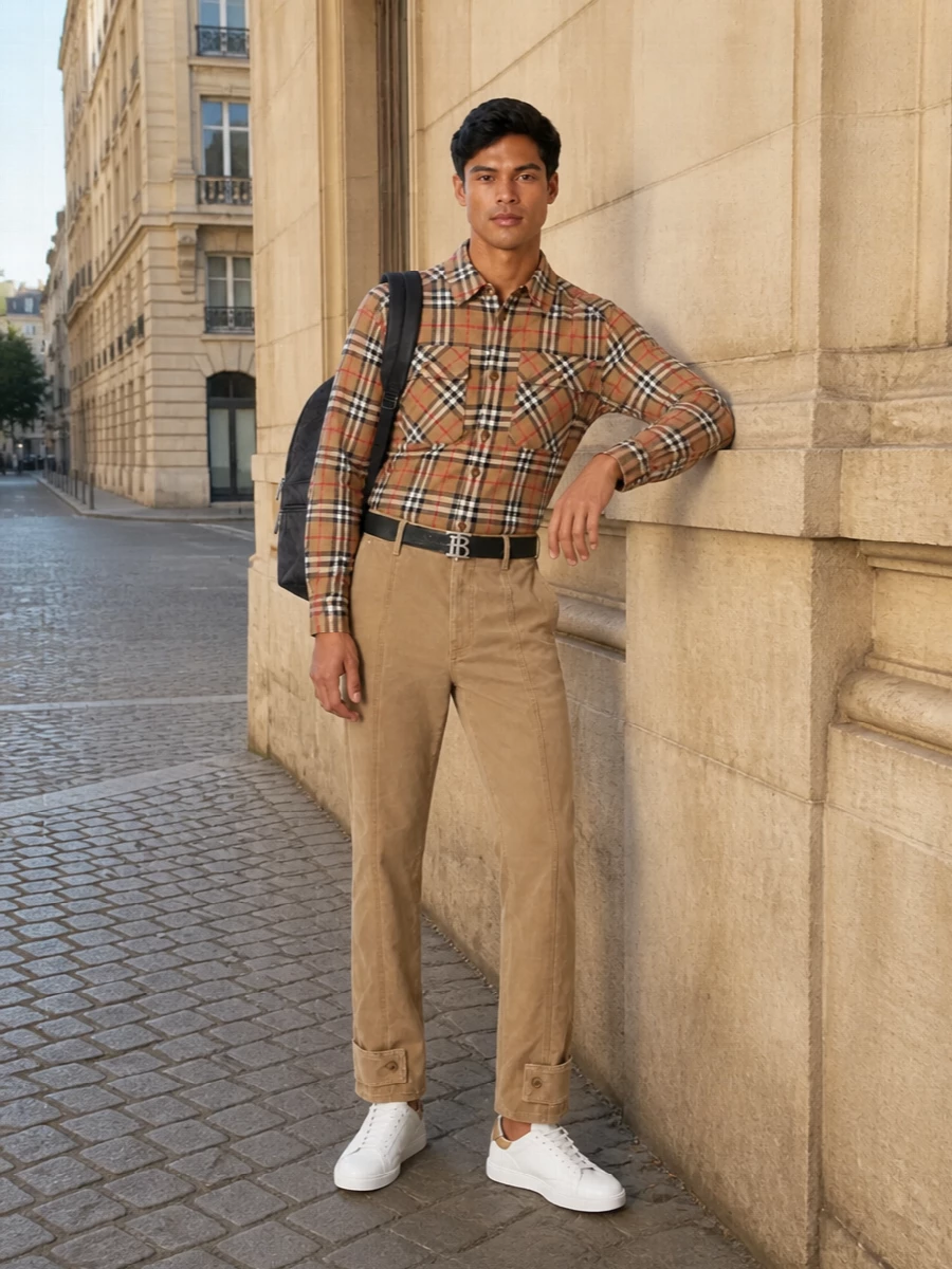 Burberry check shirt chinos white sneakers