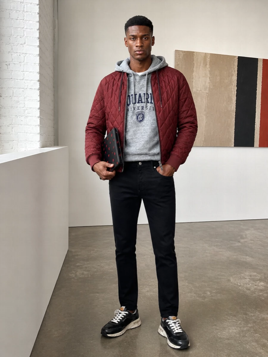 Dsquared2 bomber black jeans sneakers outfit