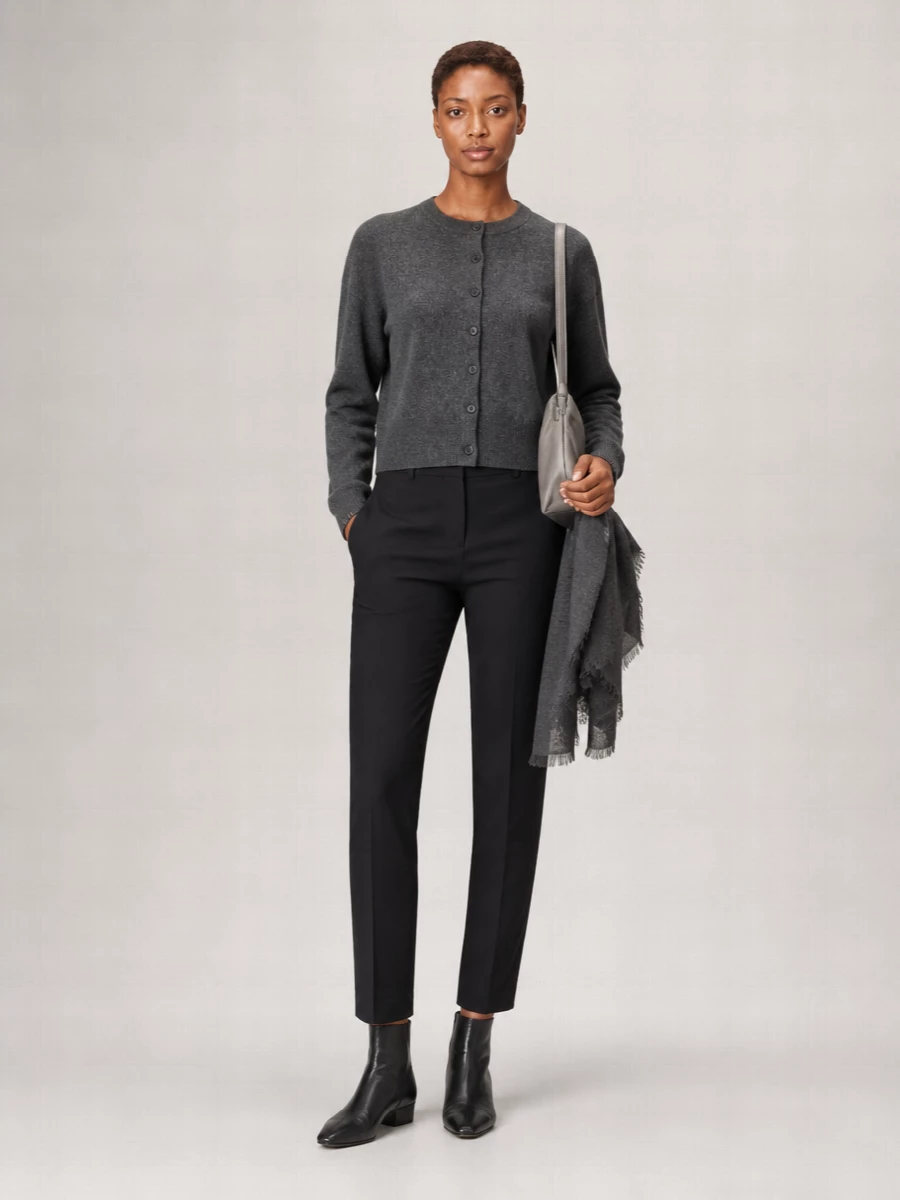 A cropped charcoal cardigan meets tailored black trousers for a knit-on-tailoring pairing that feels calm, precise and quietly expensive. The almost seamless transition into sleek black ankle boots keeps the line long, while a soft grey shoulder bag and matching scarf add just enough texture to move from home office to low-key dinner without changing a thing.
