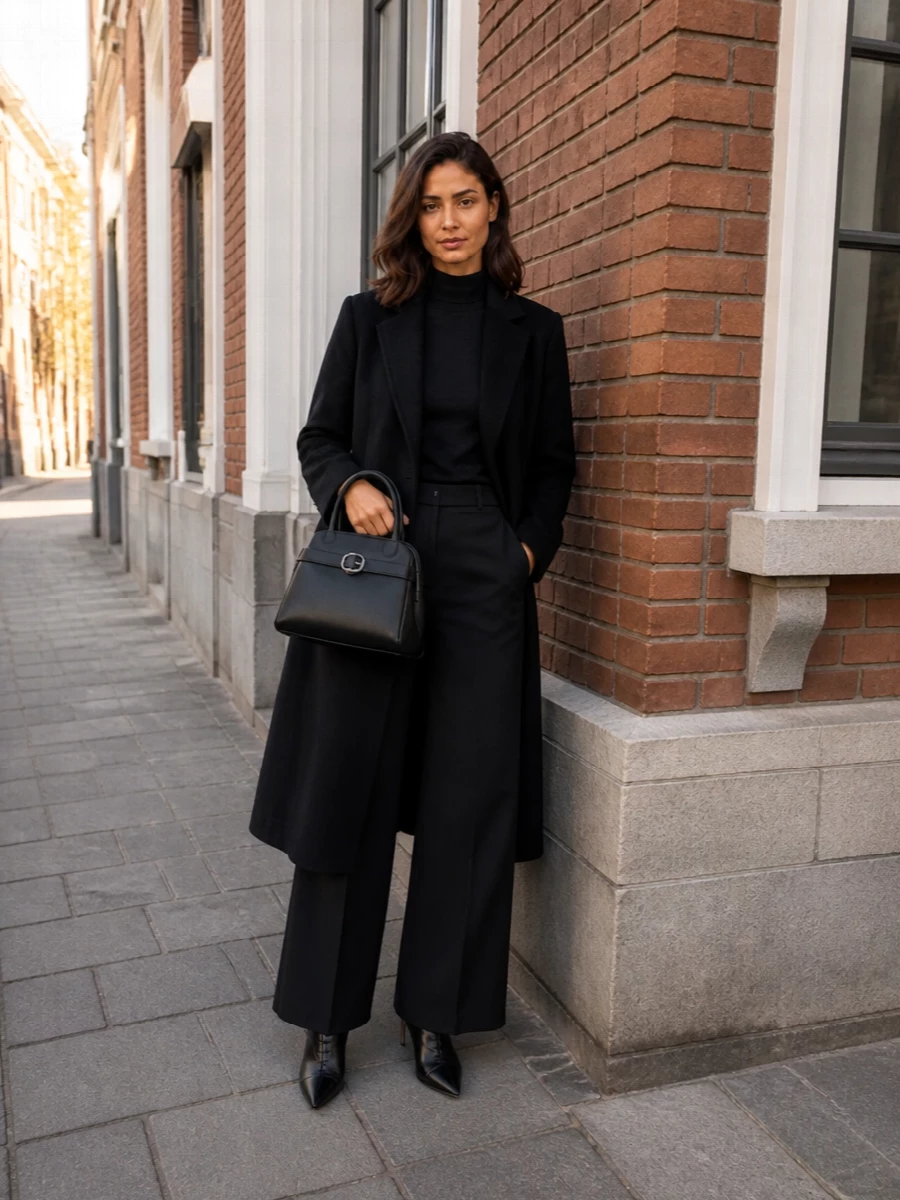 Jacquemus boots wide leg trousers coat outfit