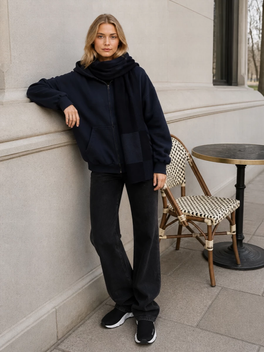 Deep navy and washed black stack together for a cocooned, off-duty uniform that feels intentional rather than thrown on. The long straight denim grounds the oversized hoodie, while the sock sneakers and structured tote sharpen the lines and keep everything firmly in the Balenciaga street universe. A moody inky scarf pulls the palette together and adds just enough texture to break up the dark layers.