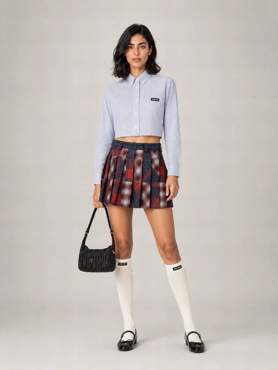 Miu Miu Wool Pleated Patchwork Tartan Mini Skirt