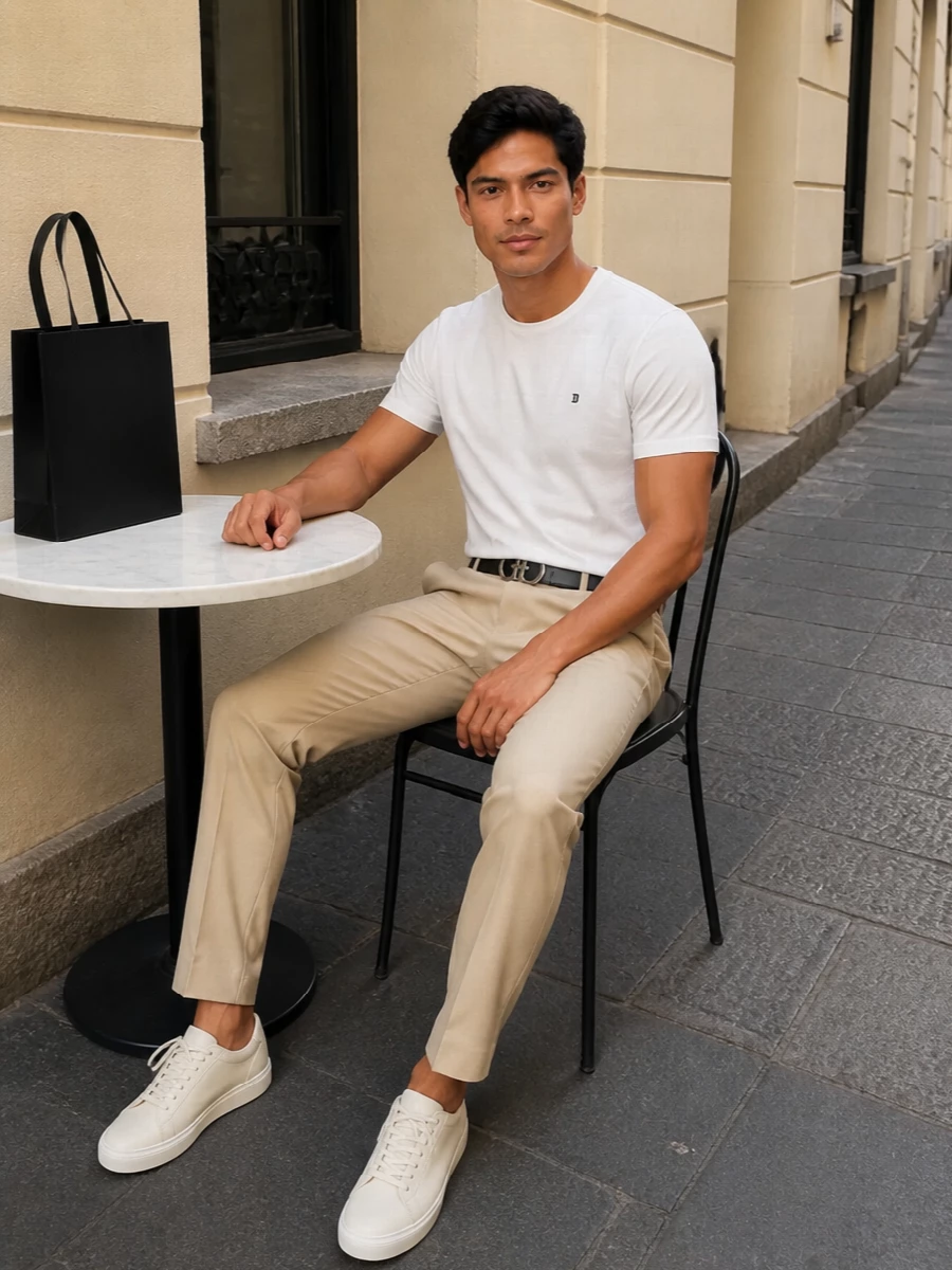 A crisp white tee meets light beige chinos for a clean, modern take on casual tailoring. Ivory sneakers keep the line soft and minimal, while a black leather belt and structured tote add just enough polish for city days or relaxed dinners. The result is quietly confident, neutral and easy to repeat year round.
