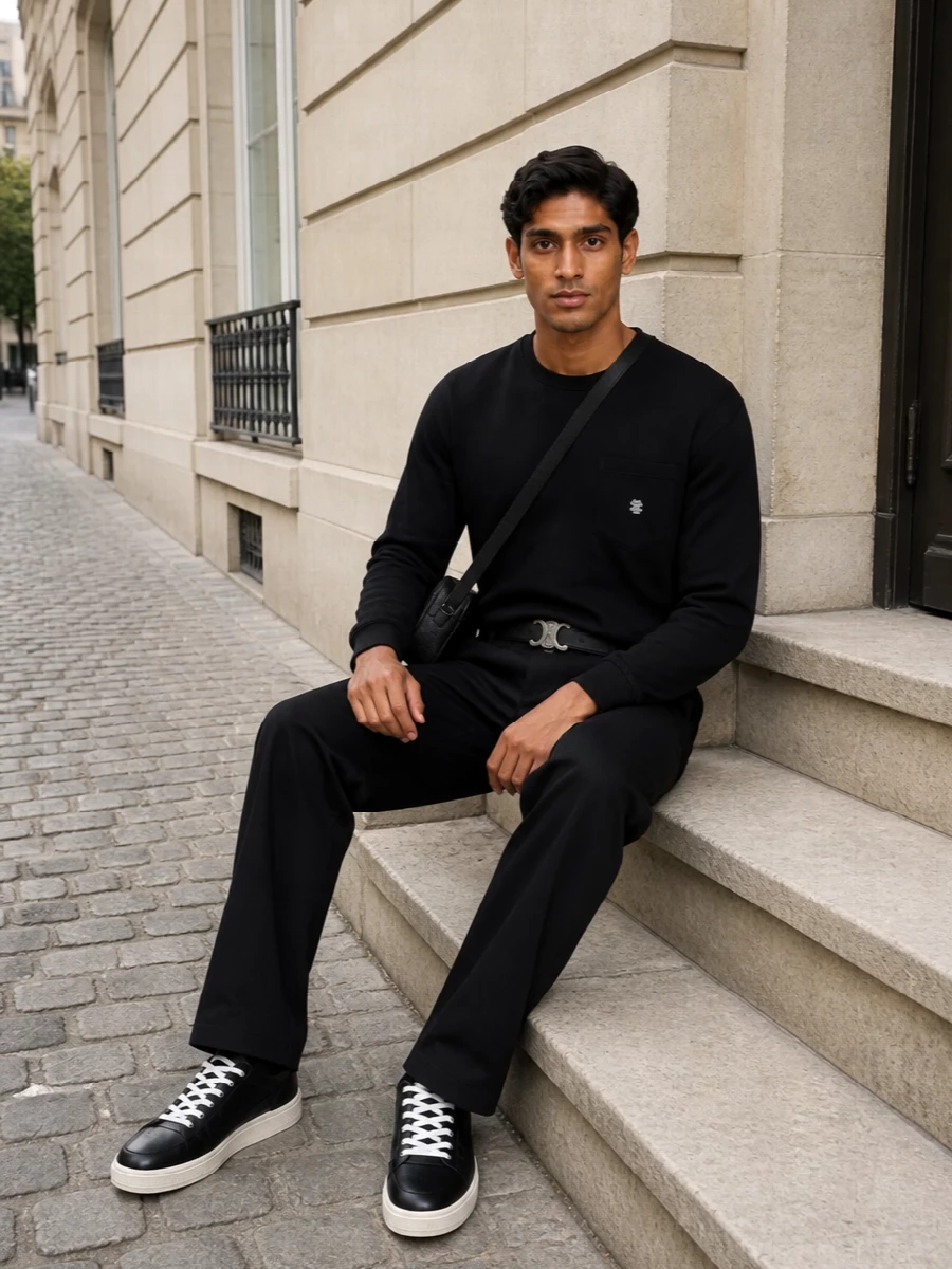 Celine black trouser sweatshirt sneaker outfit