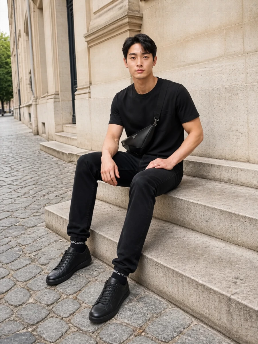A black-on-black composition that feels precise rather than flat, built around Sacai’s tee and near-black Saint Laurent denim. The straight leg and slim Margiela sneakers keep the proportions lean and modern, while the Prada crossbody and logo socks bring just enough detail to signal intent without noise. It is a quietly confident city uniform that reads as considered from every angle.