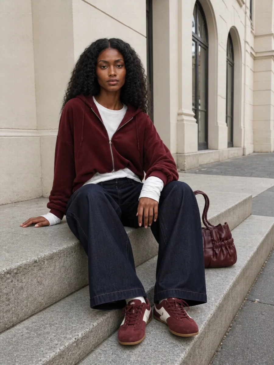 Dries van noten burgundy hoodie wide leg jeans outfit
