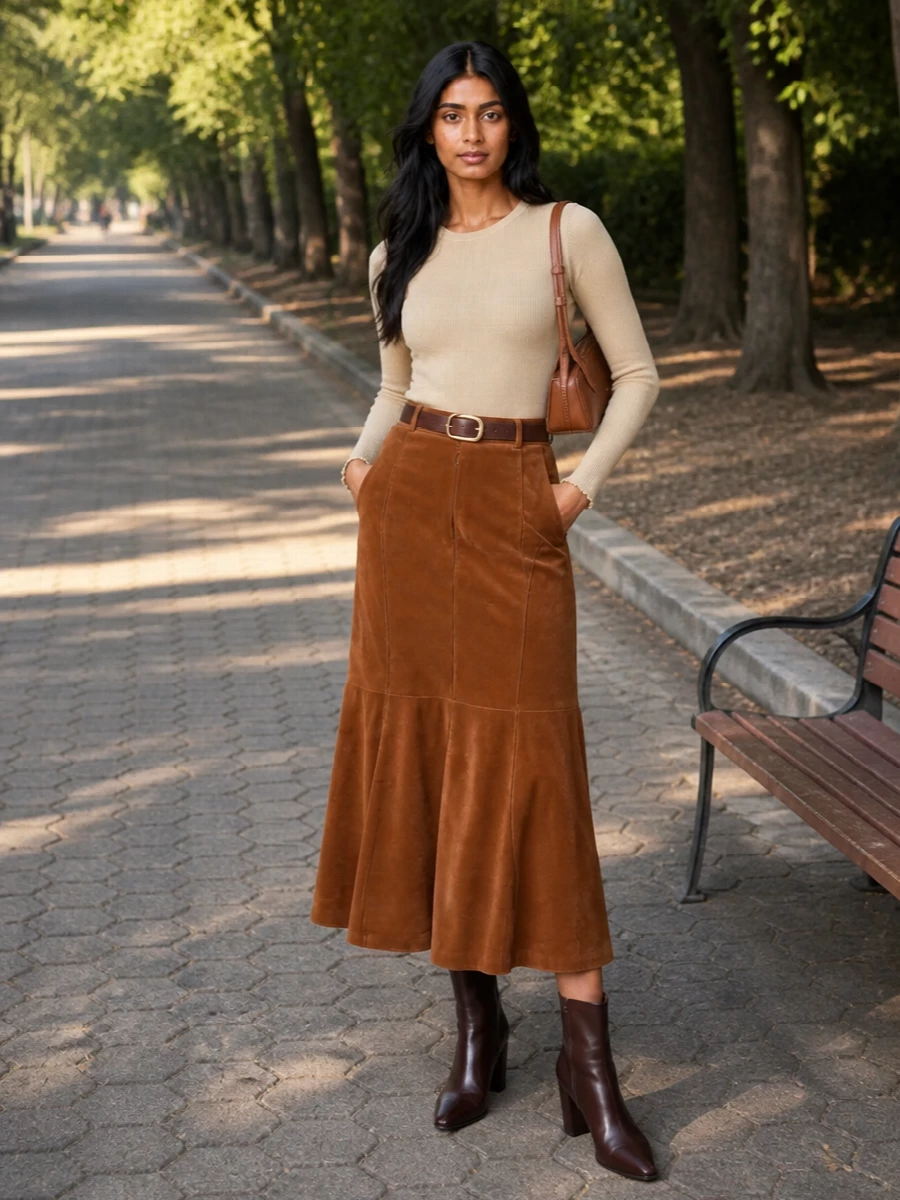 Alaia caramel midi skirt knit top outfit