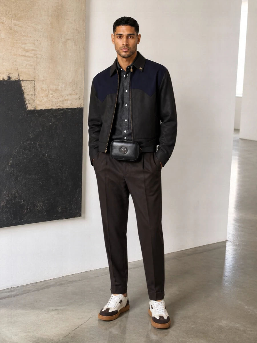 Versace blouson brown trousers sneakers outfit