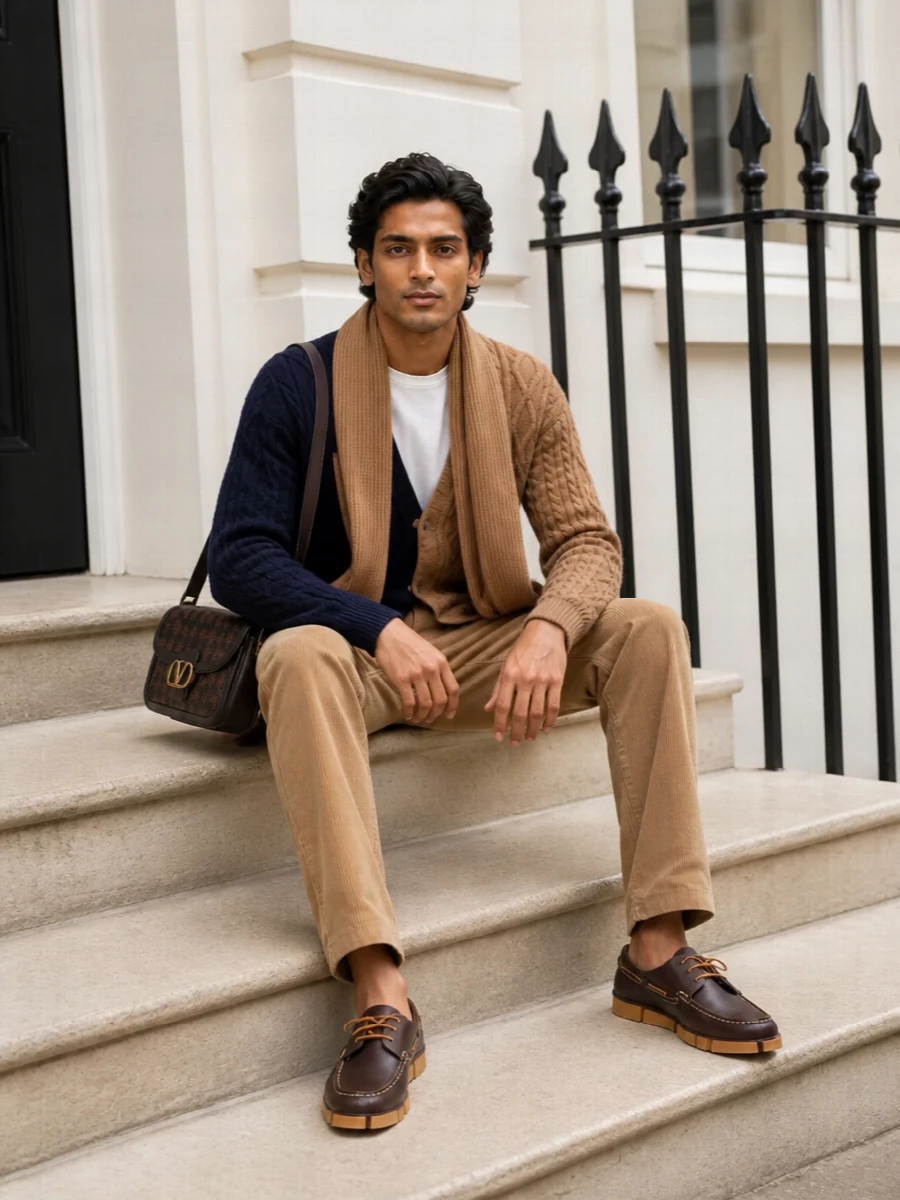 Moschino cardigan camel corduroy trousers outfit