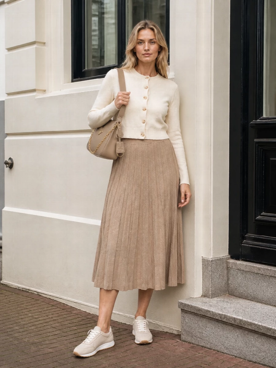 Lisa yang cardigan camel knit midi outfit