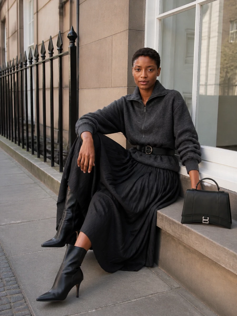 Balenciaga charcoal midi skirt outfit sock boots