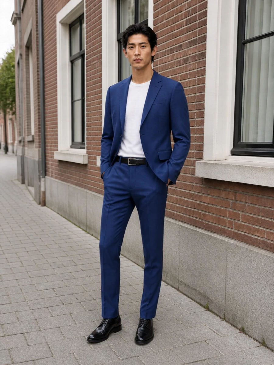 Hugo blue suit boss black derby office outfit