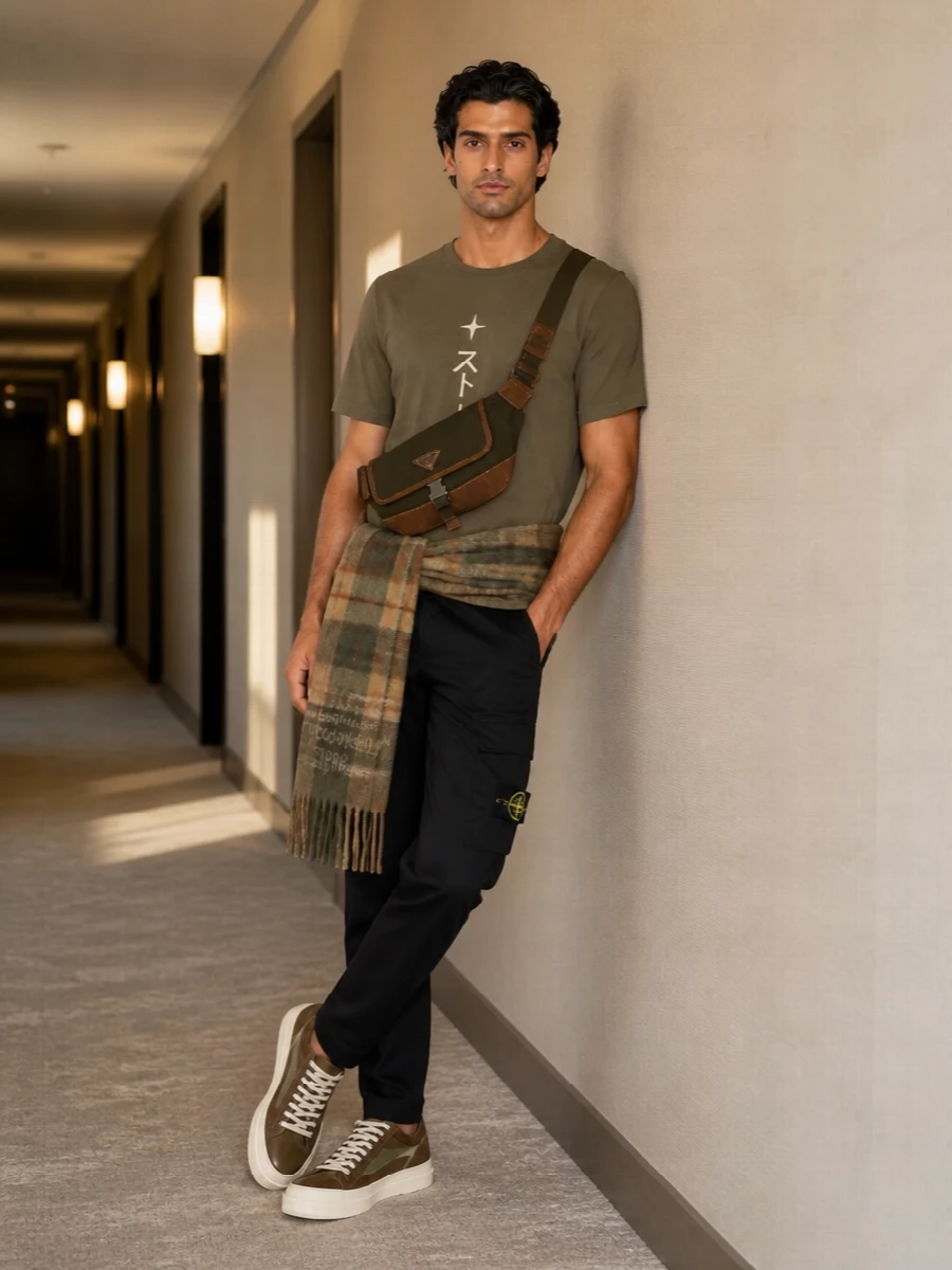 An olive graphic tee drops into deep black tapered cargos for a clean, street-ready base with just enough technical attitude. Tonal olive suede sneakers and an earthy Prada crossbody quietly repeat the palette, keeping the mood grounded and cohesive. The khaki tartan scarf adds winter warmth and a subtle pattern hit without disturbing the minimalist lines.