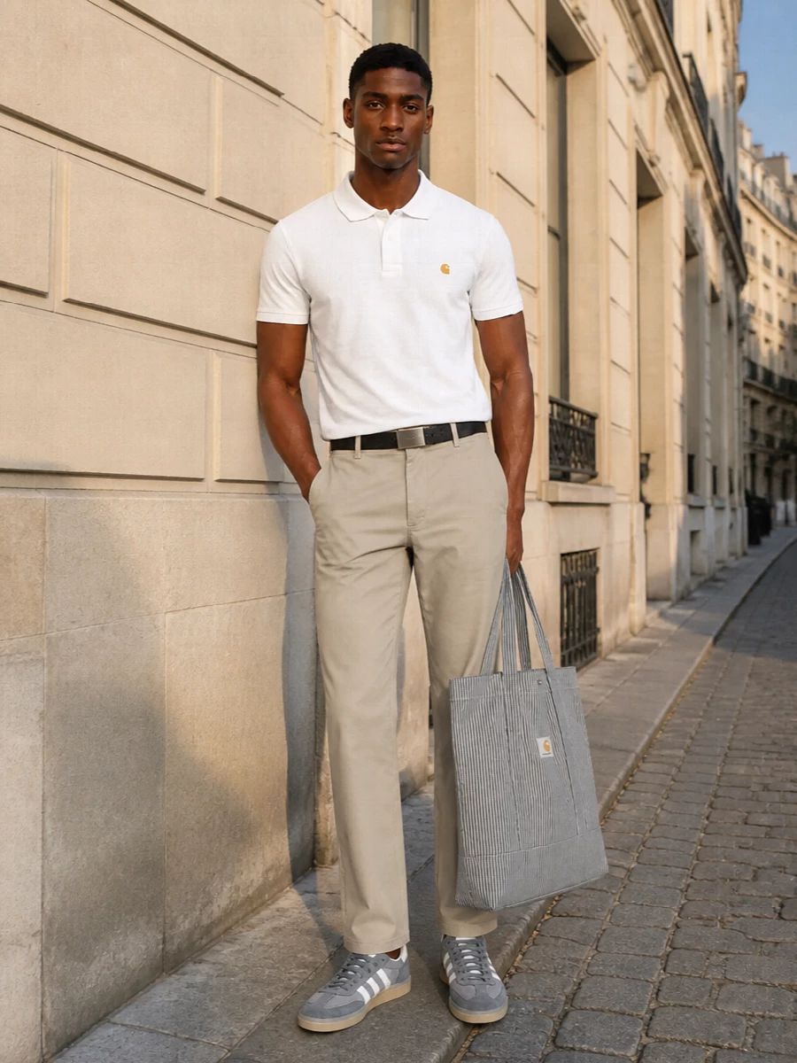 An easy, clean take on street-prep: the white polo meets light khaki chinos for a straight, relaxed line that feels considered but not stiff. Slate terrace trainers and a striped workwear tote keep it grounded in casual city wear, while a slim black belt gives just enough definition at the waist.