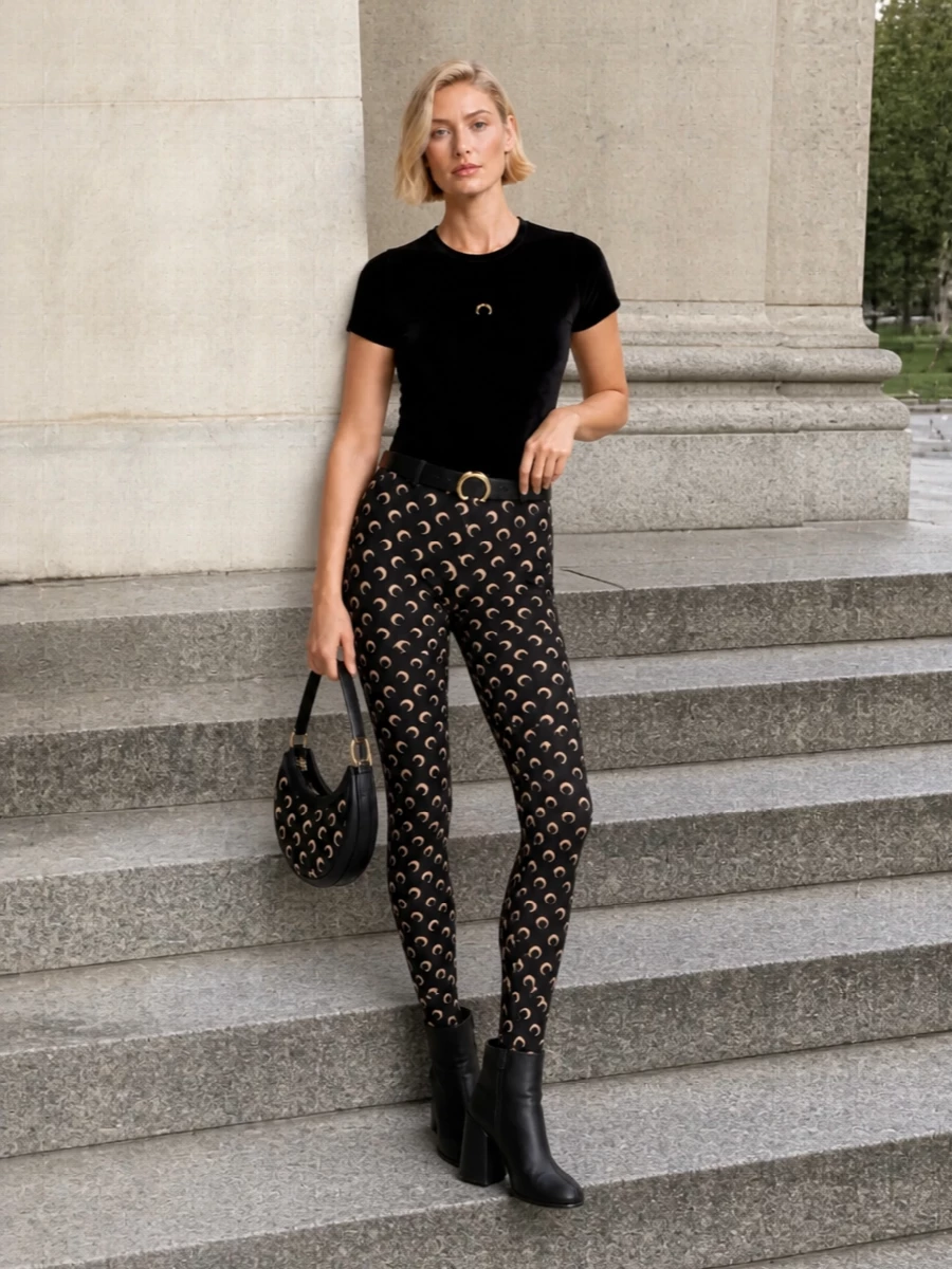 Head-to-toe Marine Serre moons turn the velvet tee into a graphic, body-conscious evening uniform, with second-skin leggings echoing the gold crescent in a sharp black and nude palette. Textural black ankle boots add height and weight at the hem, while the sculptural half-moon bag and slim lunar belt keep the branding intentional and the lines clean for city nights. The result is sleek, logo-forward and nocturnal without feeling over-styled, just enough drama built from repetition and texture.