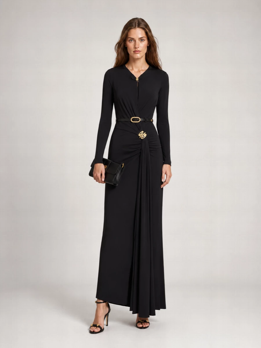 Elisabetta Franchi Viscose Draped Cutout V-Neck Long-Sleeve Maxi Dress