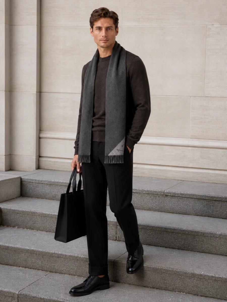 A dark brown Margiela knit meets sharp black tailoring for a quietly confident city uniform that works from desk to late dinner. The pressed trouser and polished derby keep the silhouette clean and intelligent, while the structured black tote underscores the understated, high-end mood. It is all about rich neutrals and precise lines that feel considered without ever reading stiff.