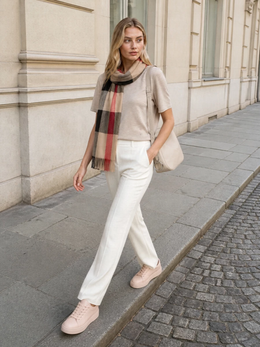 Neutral trousers knit tee quiet luxury outfit