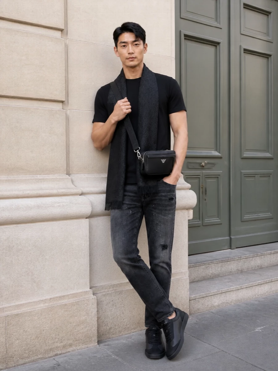 Emporio armani black t shirt washed black jeans outfit