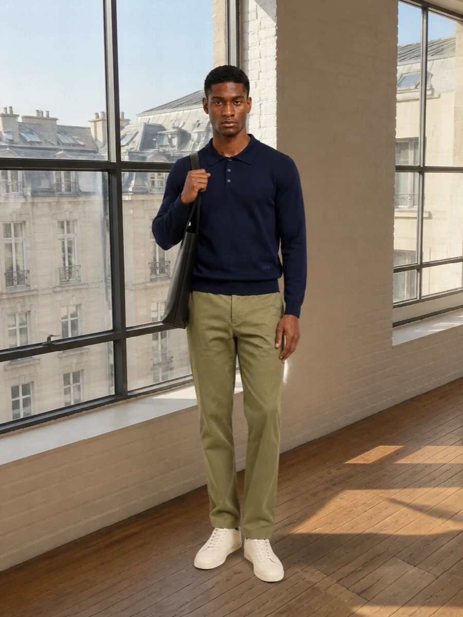 Apc navy polo olive chinos cream sneakers